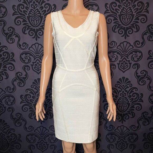 Herve Leger Neutrals Bandage Panel Bodycon Zip Up Dress Women’s Size M Alabaster - Picture 1 of 8